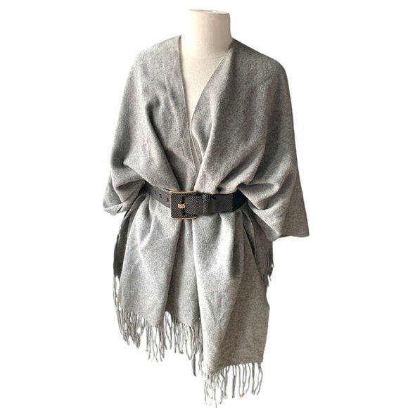 BABATON Grey Wool Fringed Poncho Wrap - Picture 3 of 8